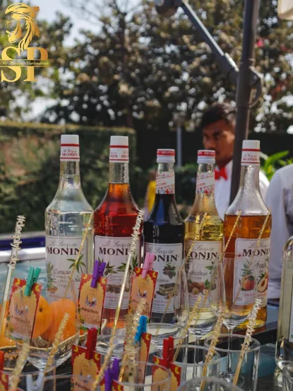 A selection of high-quality Monin syrups on display. This allows us to craft a wide range of custom mocktails and cocktails on the spot.