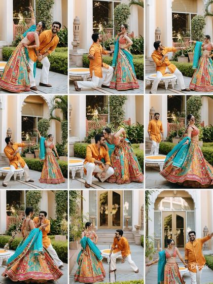 A fun-filled collage of a couple's playful antics during their Haldi ceremony. This grid of nine photos perfectly captures the energy and joy of the event.