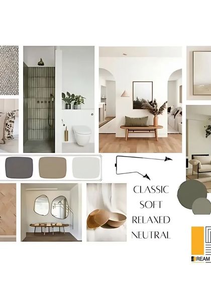 A mood board that captures a classic, soft, and relaxed neutral design, using a soothing palette and gentle textures to create a tranquil and sophisticated home.