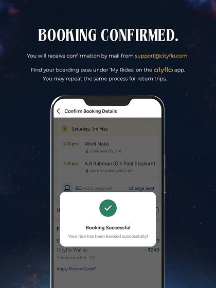 A step-by-step visual guide on how to use the Cityflo app to book your bus ride to our concert, from registration to booking confirmation.