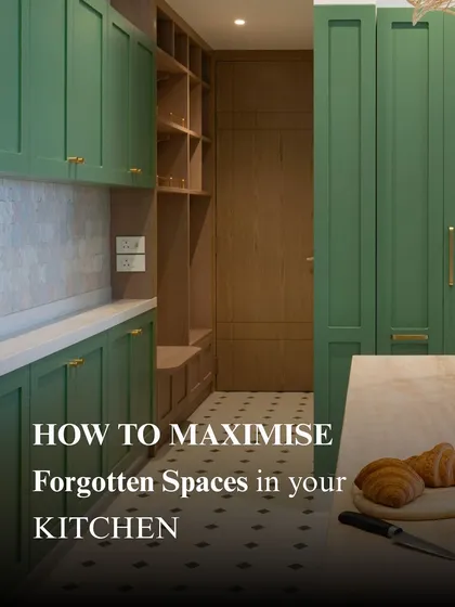This image introduces the idea of maximizing forgotten spaces in the kitchen. From awkward gaps to the entry pathway, every niche holds the potential for smart, beautiful storage solutions.