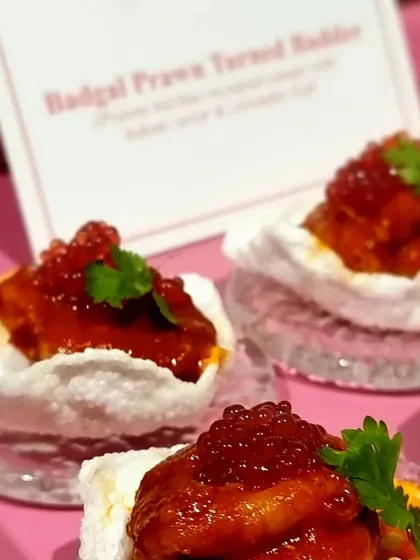 Our "Badgal Prawn Turned Badder" canapés, featuring prawns balchao on a papad base with kokum caviar. We had fun creating a pink-themed menu with playful names for the Benefit Cosmetics launch.