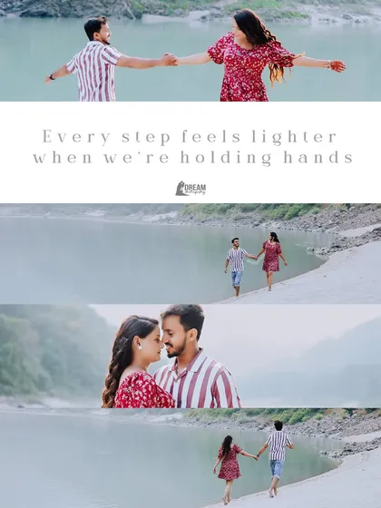A collage from a Rishikesh pre-wedding shoot, capturing the couple walking hand-in-hand along the riverbank, filled with joy and connection.