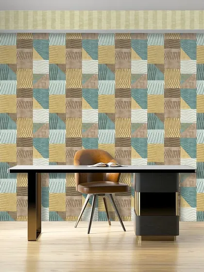 This geometric block pattern uses a palette of blue, yellow, and brown. The varied textures within the squares create a playful yet sophisticated look for a contemporary workspace.
