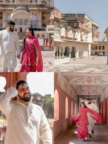 More moments from a royal-themed pre-wedding shoot, showing the couple exploring the palace grounds and sharing joyful, candid interactions.