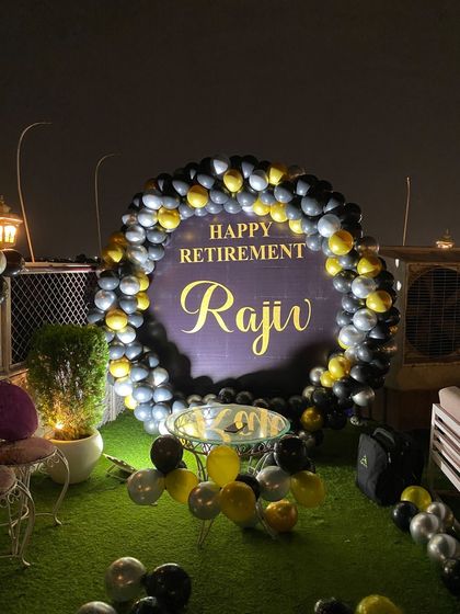 A full view of the rooftop retirement party setup.