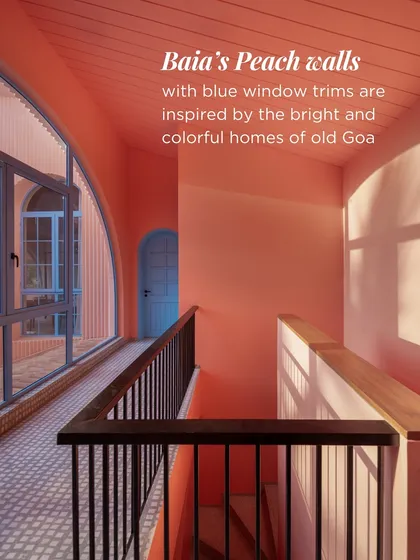 Color is a powerful storyteller. The peach walls and blue window trims at Baia Villas are a direct homage to the bright, colorful homes of old Goa, reinterpreted to create a modern architectural statement.