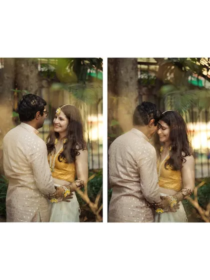 A diptych showing the couple sharing an intimate gaze during their mehendi. The soft focus and warm tones add to the romantic feel of the moment.