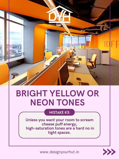 This is an example of using color strategically in an office environment. While bright neon can be overwhelming, a well-placed, high-energy color like this yellow creates dynamic zones for collaboration and creativity without shrinking the space. It's about being bold, not just loud.