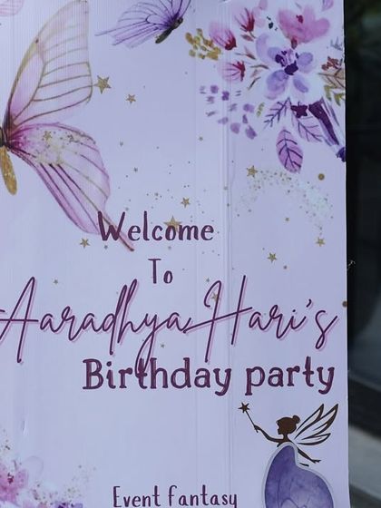 A simple and elegant welcome sign for Aaradhya Hari's butterfly-themed birthday party.