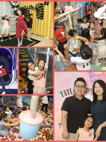 A party with us is a world of adventure! This collage shows just a peek of the fun, from our exciting play areas and VR games to dancing with friends and celebrating with family.