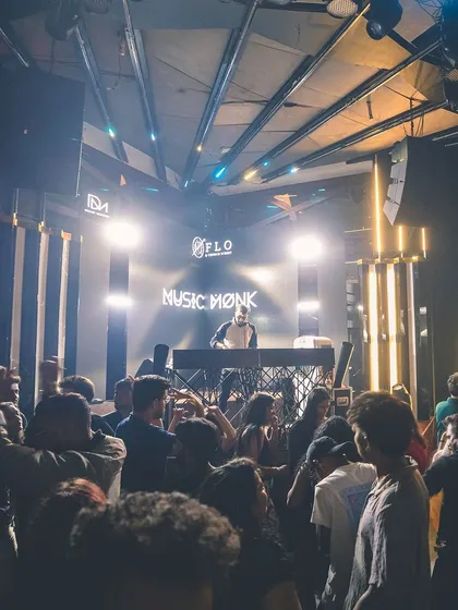 A wide shot of the dance floor at Flo, showing how I command the room from the elevated DJ booth.