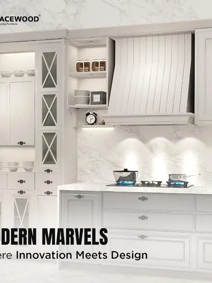 This is a modern marvel where innovation meets classic design. The all-white kitchen features shaker cabinets, a panelled range hood, and glass-fronted display units with an 'X' motif, all set against a stunning marble backsplash.