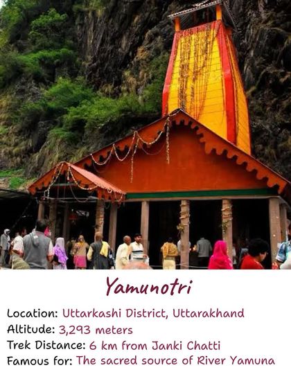Information on the Yamunotri temple, the sacred source of the river Yamuna, which involves a 6 km trek.