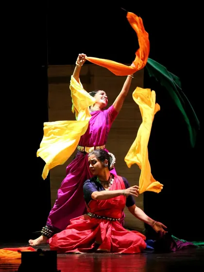 A vibrant moment from 'Antar Yatra', a collaborative piece with the brilliant Sharmila Biswas. The use of colorful fabrics adds another layer of movement and visual poetry to the performance, celebrating the joy of dance.