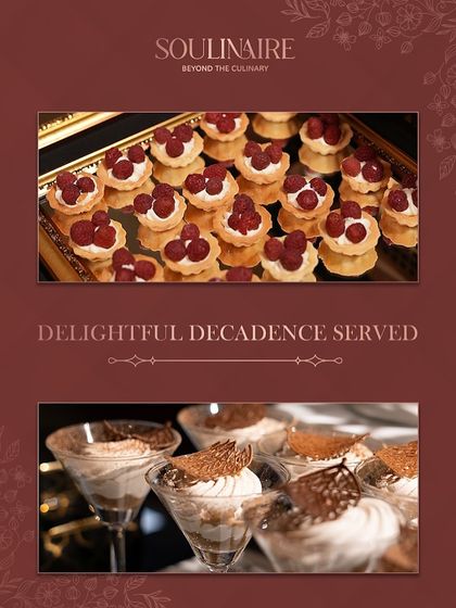 A collage showcasing our delightful decadence, from individual raspberry tarts to creamy tiramisu cups. Every dessert is served with finesse and flair.