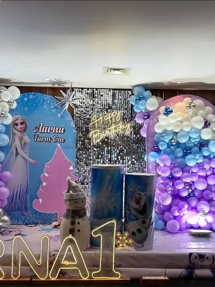 A full view of the enchanting Frozen birthday stage, complete with character cutouts of Elsa, a reindeer, and Olaf.