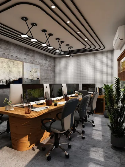 An industrial-chic collaborative workspace featuring a large wooden conference table and unique track lighting on the ceiling. The concrete-finish walls and abstract art add a creative, urban edge to the office environment.