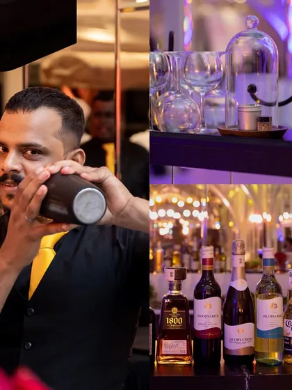 This collage captures the essence of our mixology service: a bartender in action, a lineup of premium spirits, and the specialized tools of the trade, like our smoke gun, all working together to create exceptional drinks.
