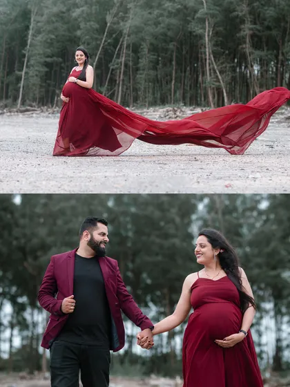 A collage showing both a wide shot of the mother-to-be with her flowing dress on the beach and a candid shot of the couple walking hand-in-hand.