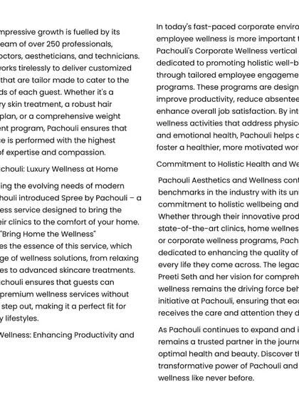 Our growth is fueled by a team of over 250 professionals. This article highlights our dedication to customized treatments, corporate wellness programs, and our luxury at-home service, Spree by Pachouli.