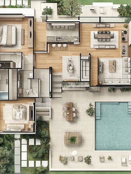 This aerial view of a home layout demonstrates how I plan for a lifestyle of comfort and leisure. The open-concept living and dining areas flow directly to the poolside patio, creating the perfect environment for both relaxation and entertaining.