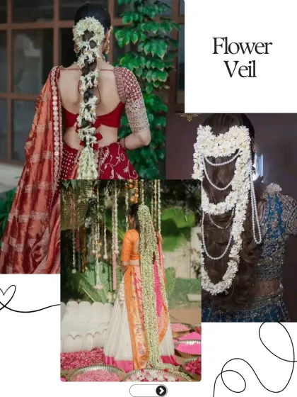 A Flower Veil, made of fresh jasmine or other blooms, is a beautiful and fragrant way to incorporate natural elements into your bridal look, especially for a Haldi or Mehendi.