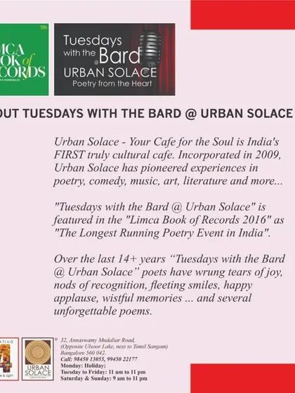 A poster reiterating the story of 'Tuesdays with the Bard' for our event with Rohini Malur.
