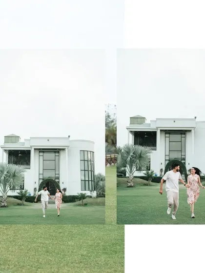 An artistic composition of the couple running, creating a sense of movement and happiness.