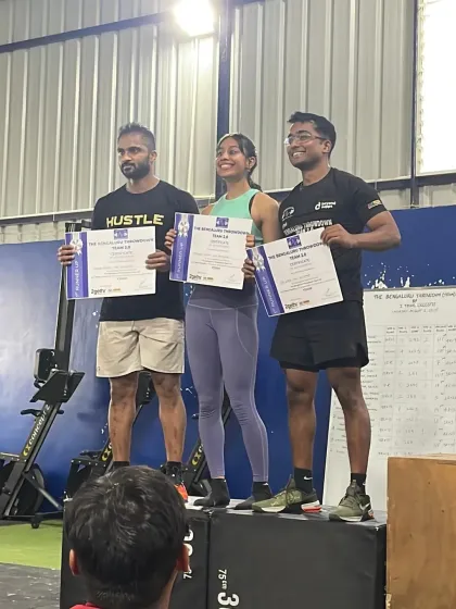 We train hard and celebrate our victories. Here are our athletes on the podium, securing second place at the Bengaluru Throwdown competition. This is what passion and consistent training can achieve.