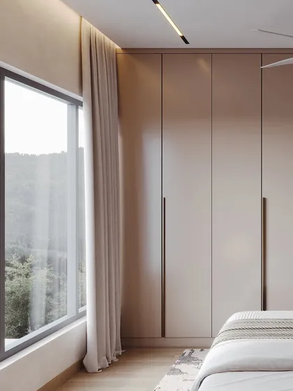 A minimalist bedroom visualization, focusing on clean lines and a calm, neutral color scheme. The large window and simple wardrobe design create a sense of spaciousness.
