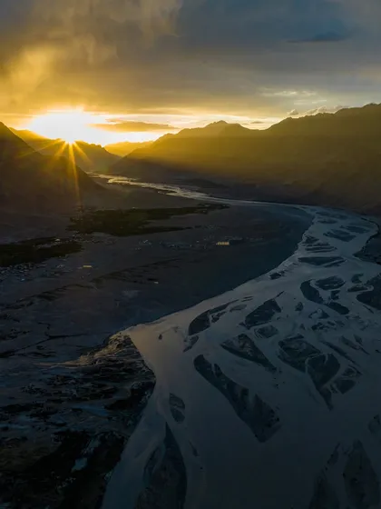 A golden sunset over a braided river in Ladakh. I shoot in D-Log to capture the maximum dynamic range, allowing me to bring out these incredible colors during post-production.