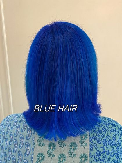 Another shot of the stunning blue hair, showing the even, rich color from roots to ends.