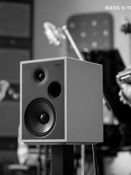 The Alumine Two on a stand, ready to perform. These speakers are proof that compact dimensions can still embody the highest principles of high-end audio design.