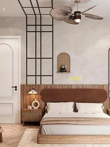 A guest bedroom render with a Wabi Sabi and Japandi theme. The design uses a rustic texture on the walls, a veneer bed with an upholstered headboard, and rattan side tables to create a natural, earthy feel.