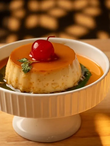 A perfect caramel custard with a cherry on top. The lighting creates beautiful highlights on the caramel, making it look smooth and silky.
