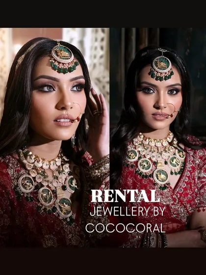 A model wearing a unique Meenakari necklace with painted motifs. This artistic piece is available for rent for creative shoots.