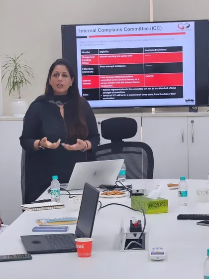 Here, the presentation screen shows a breakdown of the Internal Complaints Committee (ICC) structure. I focus on the practical aspects, such as member eligibility and tenure, to help companies build a strong and compliant committee.
