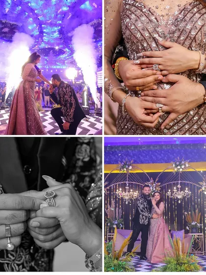 A collage telling the story of an engagement. It includes the groom's proposal on one knee, close ups of the rings, and a happy portrait of the couple, summarizing the key moments of their special day.