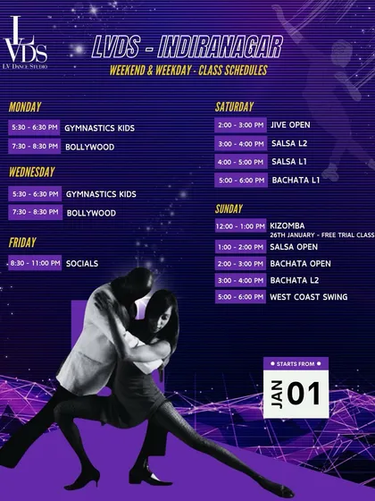 Here is the complete weekend and weekday class schedule for our Indiranagar studio. You can find timings for everything from Kids' Gymnastics and Bollywood to adult social dances like Salsa, Bachata, Jive, and West Coast Swing.