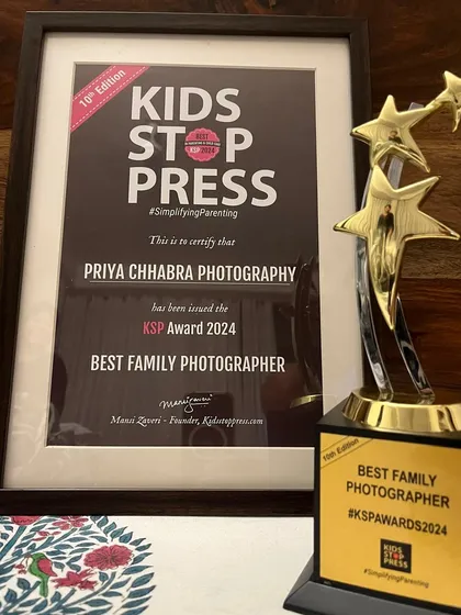 A close-up of the KSP Award for Best Family Photographer 2024. This award inspires me to continue capturing your precious moments for many more years to come.