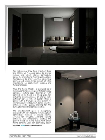 As featured in Smart Home World magazine, this project showcases a minimalist home theatre integrated into a living space. We used a high-quality projector, a Denon amplifier, and a TruAudio speaker system to deliver immersive surround sound without cluttering the room's aesthetic.