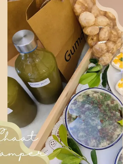 This is how we package our Chaat Hamper for delivery. It includes everything you need for a pani puri party at home, all neatly packed in a convenient tray and bag.