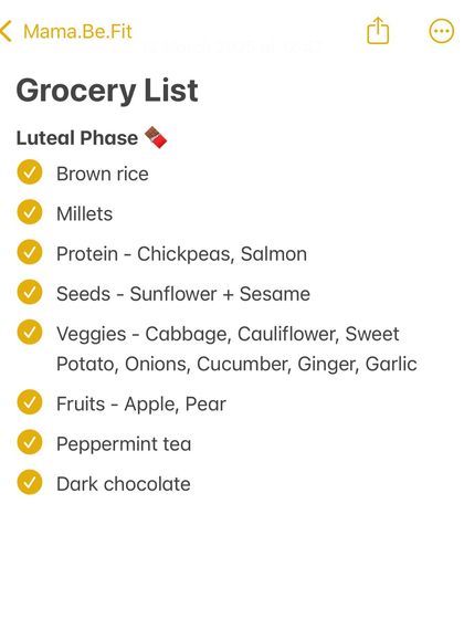 In the luteal phase, energy starts to decrease. This grocery list includes complex carbs like brown rice and millets, and protein like chickpeas and salmon to manage appetite and support your body.