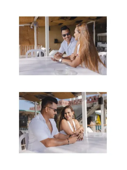 A diptych of the couple chatting and laughing at a beach cafe. These candid moments are often the most genuine and memorable.
