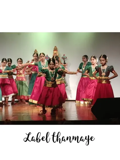 A group of dancers captured mid-performance in traditional Bharatanatyam costumes, showcasing the authentic designs I create for classical dance troupes.