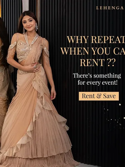 Why repeat an outfit when you can rent a new look for every event? This modern ruffled and draped saree-style gown in a beautiful beige is perfect for a cocktail party or reception, giving you a high-fashion look without the commitment.