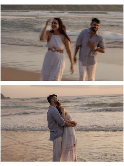 A collage of candid moments, from walking along the shore to sharing a heartfelt embrace, capturing the essence of a beach romance.
