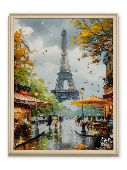 A moody, romantic depiction of Paris in the rain, printed on high-quality canvas to retain the rich colors. The simple white HDPS frame provides a crisp border, allowing the story within the artwork to take center stage.