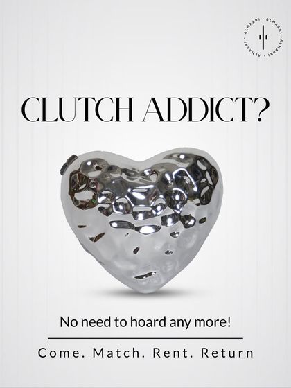 Are you a clutch addict? No need to hoard them anymore. This graphic features a unique silver heart-shaped clutch, representing our philosophy of renting for every mood and occasion.